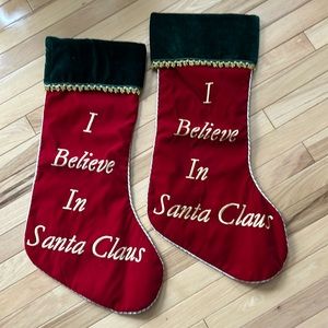 2 BIG Christmas Stockings I Believe In Santa Claus Embroidered in Gold So Cute